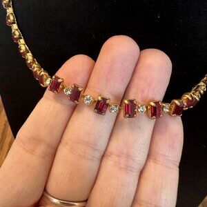 Vintage Red Rhinestone Tennis Necklace Gold Tone Lobster Clasp 15in Statement